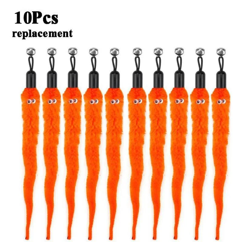 Set of FanzyMarket plush caterpillar replacement heads for cat wands, interactive pet toy accessories, pack of 11 in orange.