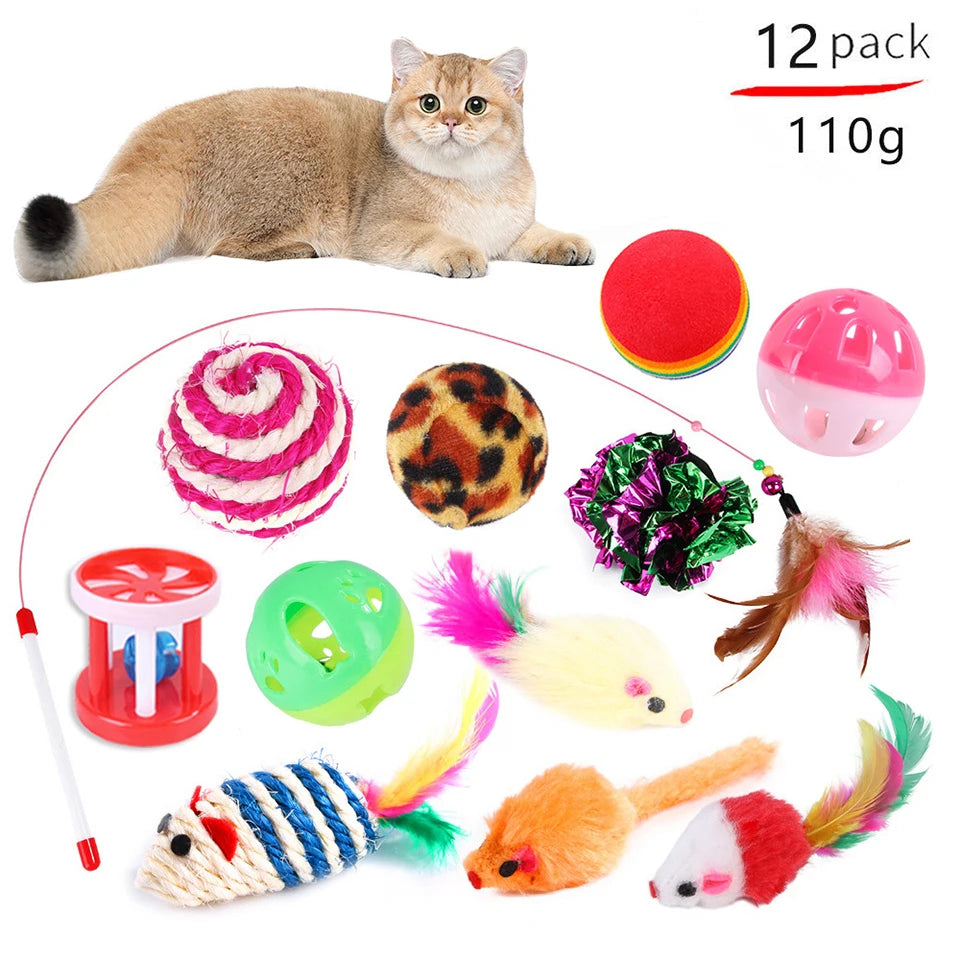 FanzyMarket 20-piece cat toy set with sisal mice, feather wands, bell balls, and plush toys for kittens and cats.