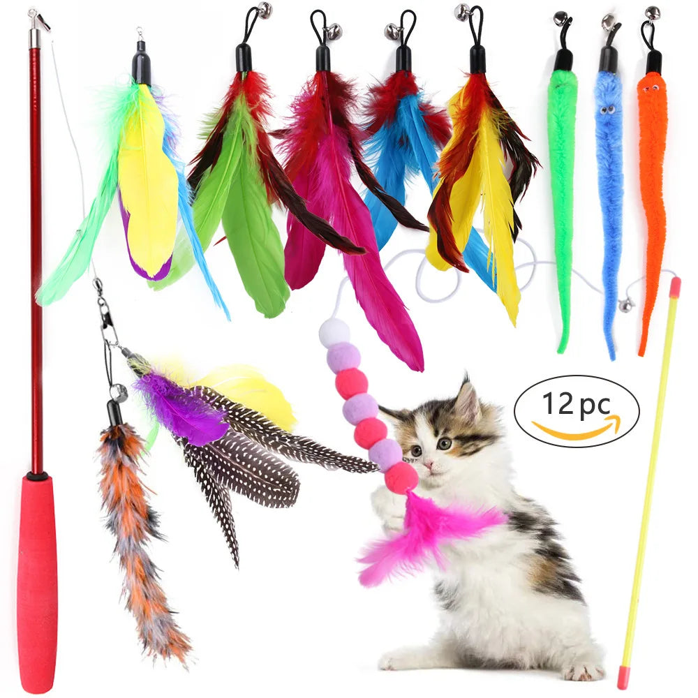 FanzyMarket 20-piece cat toy variety pack with sisal mice, feather wands, bell balls, and plush toys for interactive kitten play.