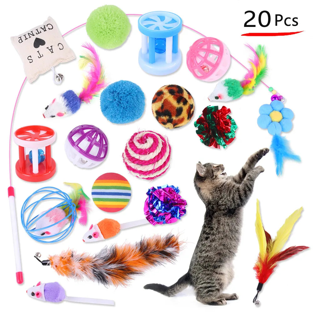 20-piece FanzyMarket cat toy variety pack includes sisal mice, feather wands, bell balls, and plush toys for kittens.
