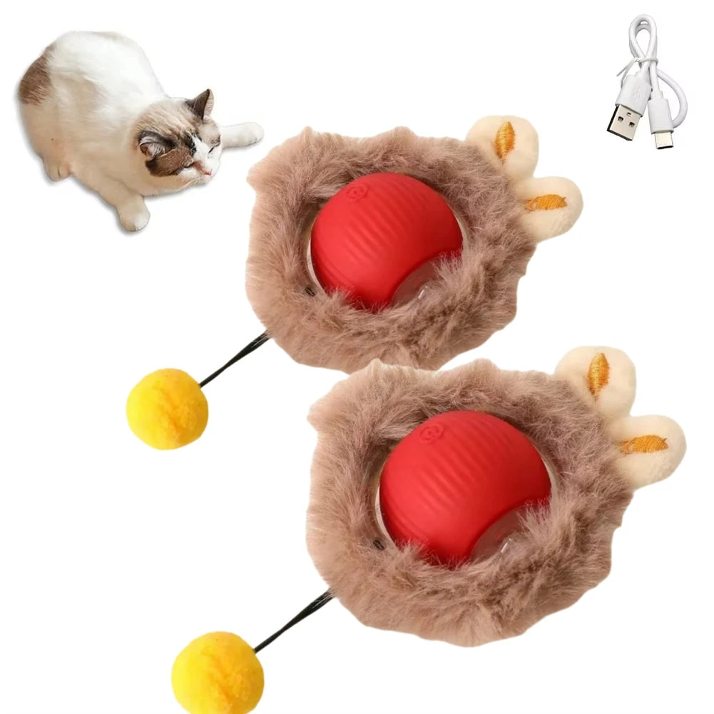 Rechargeable interactive rolling cat toy with faux tail by FanzyMarket, motion-activated ball for cats and small dogs.