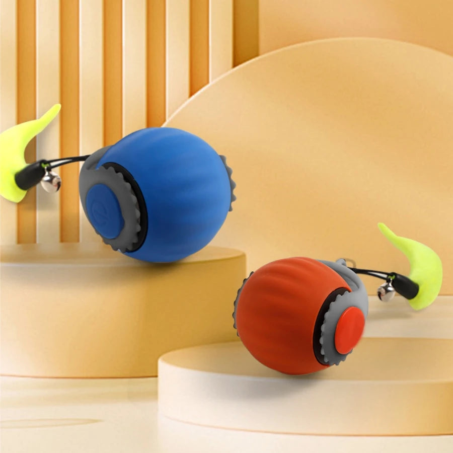 Grey rechargeable interactive rolling cat toy with faux tail, motion-activated ball for cats and small dogs by FanzyMarket.