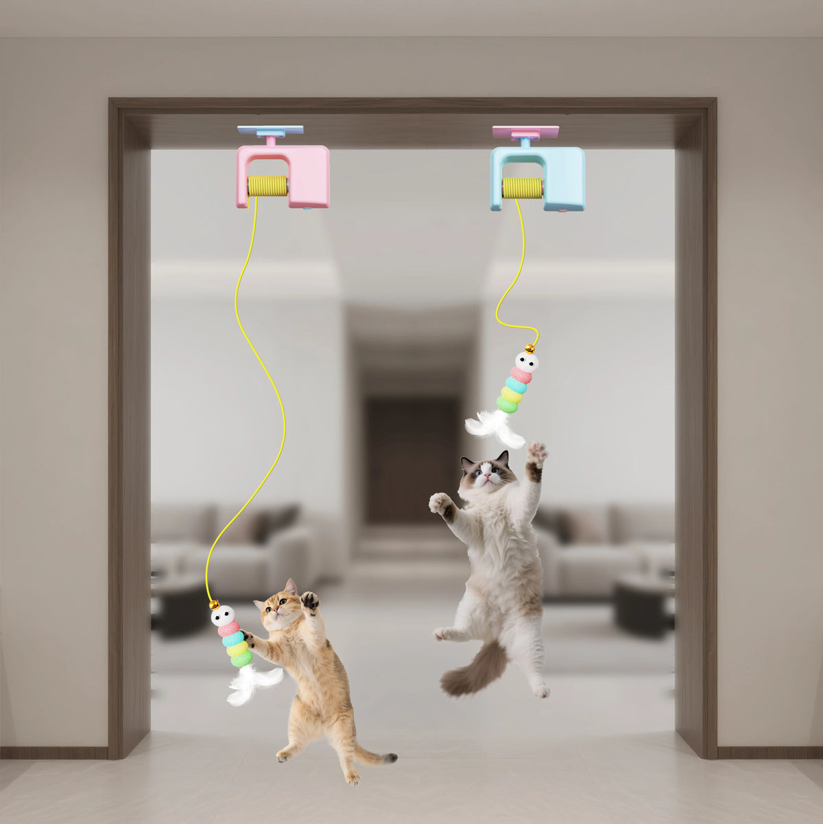 Blue rechargeable hanging door cat toy by FanzyMarket with automatic flying bird for cat hunting and stress relief.