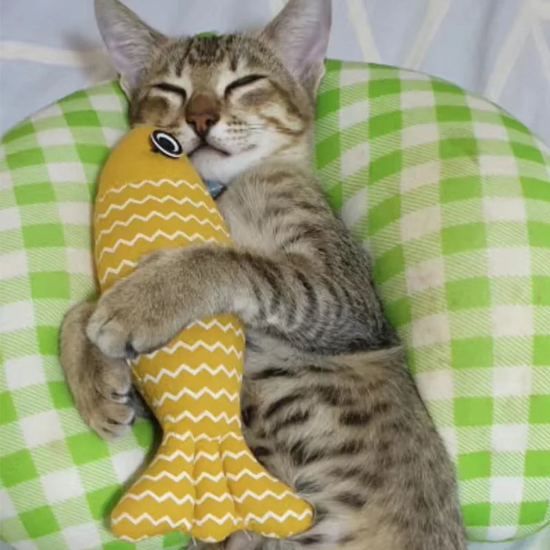 FanzyMarket plush fish cat toy with catnip, 7.9-inch interactive kicker pillow designed for indoor cats.