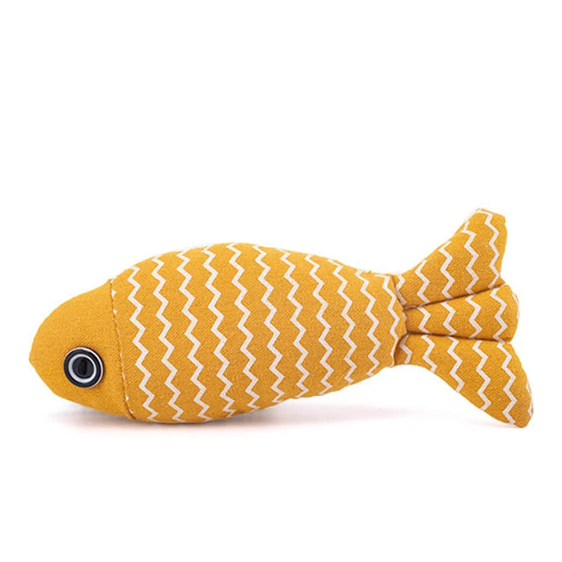 FanzyMarket plush fish cat toy with catnip, 7.9-inch interactive kicker pillow for indoor cats, made of soft plush material.