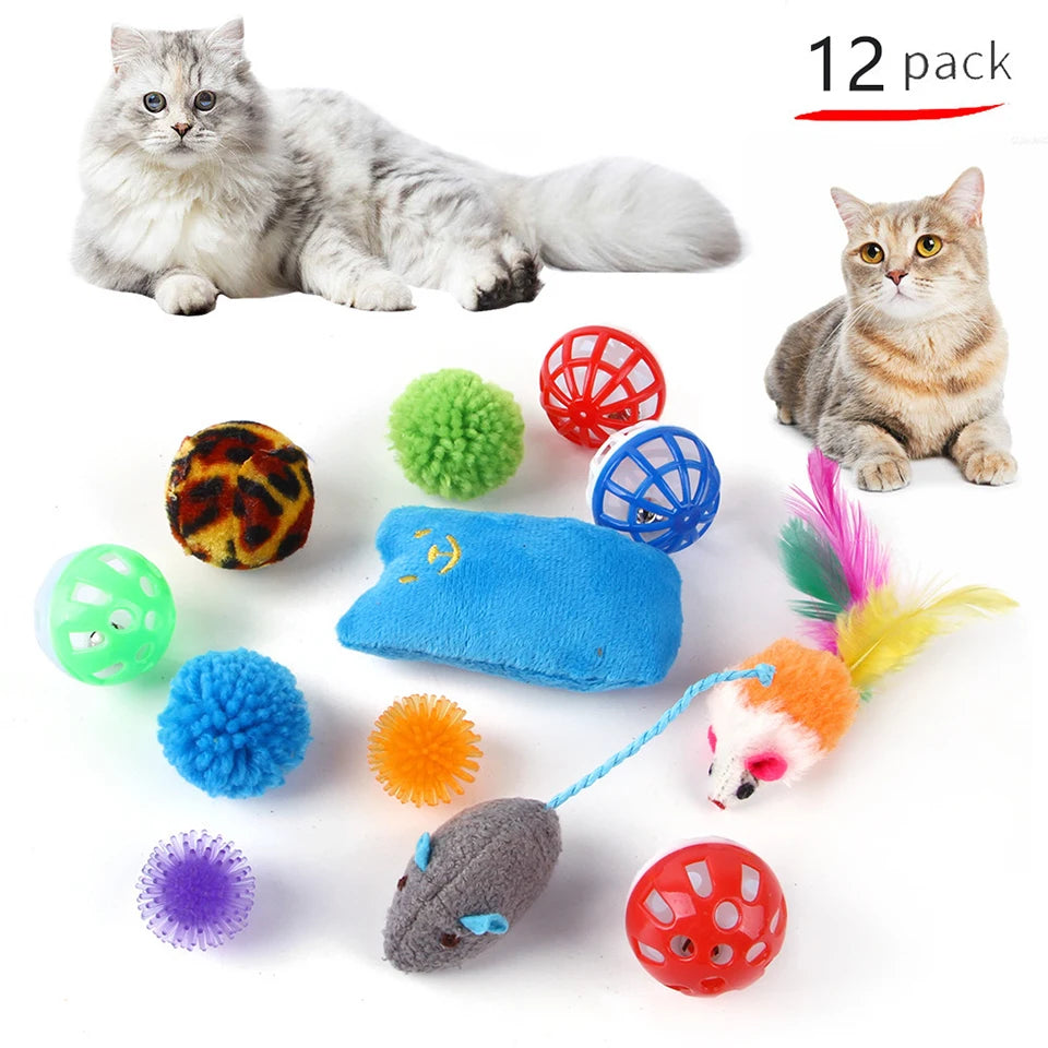 FanzyMarket 11-piece cat toy set with feather wands, sisal mice, bell balls, and plush toys for feline entertainment.