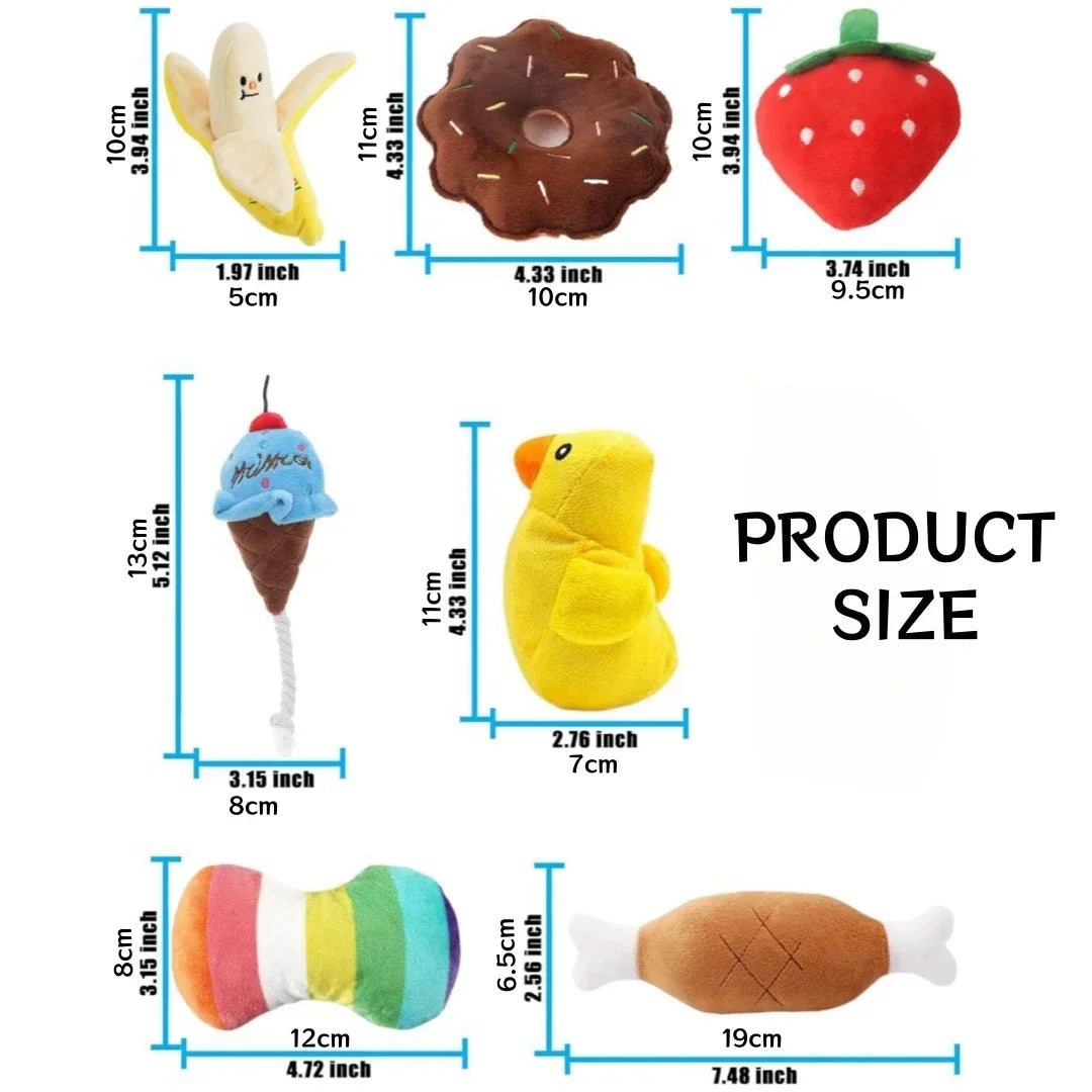 Seven plush puppy squeaky toys in fruit and vegetable shapes for dogs, colorful and soft chew toys from FanzyMarket.