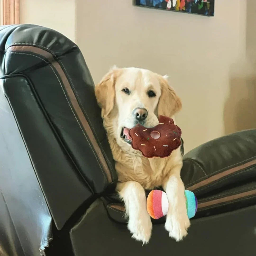 Seven-piece plush puppy squeaky toy set featuring fruit and vegetable designs for dogs, by FanzyMarket pet supplies.