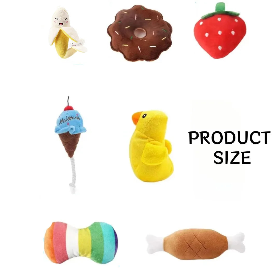 Seven plush puppy squeaky toys set with fruit and vegetable shapes for dogs by FanzyMarket, perfect for chewing and play.