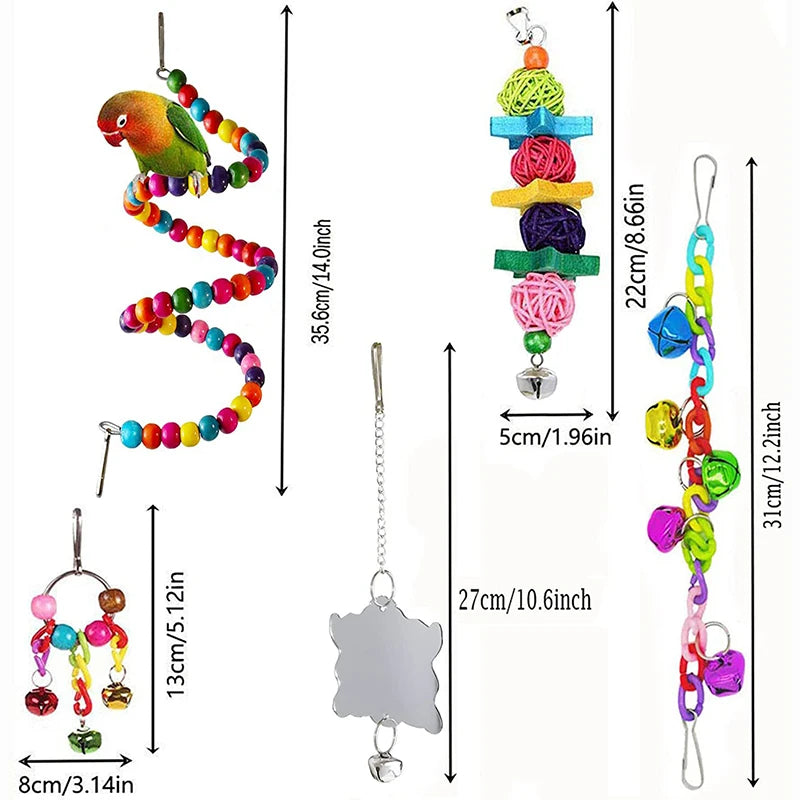 FanzyMarket 7-piece wooden bird cage toy set with swing, ladder, chew toys, bridge, and bells for parakeets and small parrots.