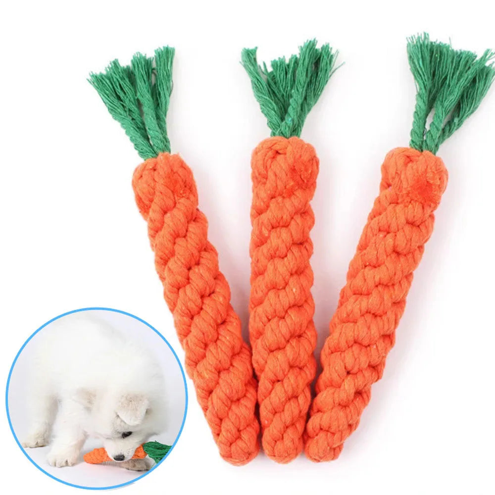 FanzyMarket Carrot Rope Dog Toy 1-Pack, durable braided cotton chew toy for puppies and dogs, 8.7 inches long, teeth cleaning.