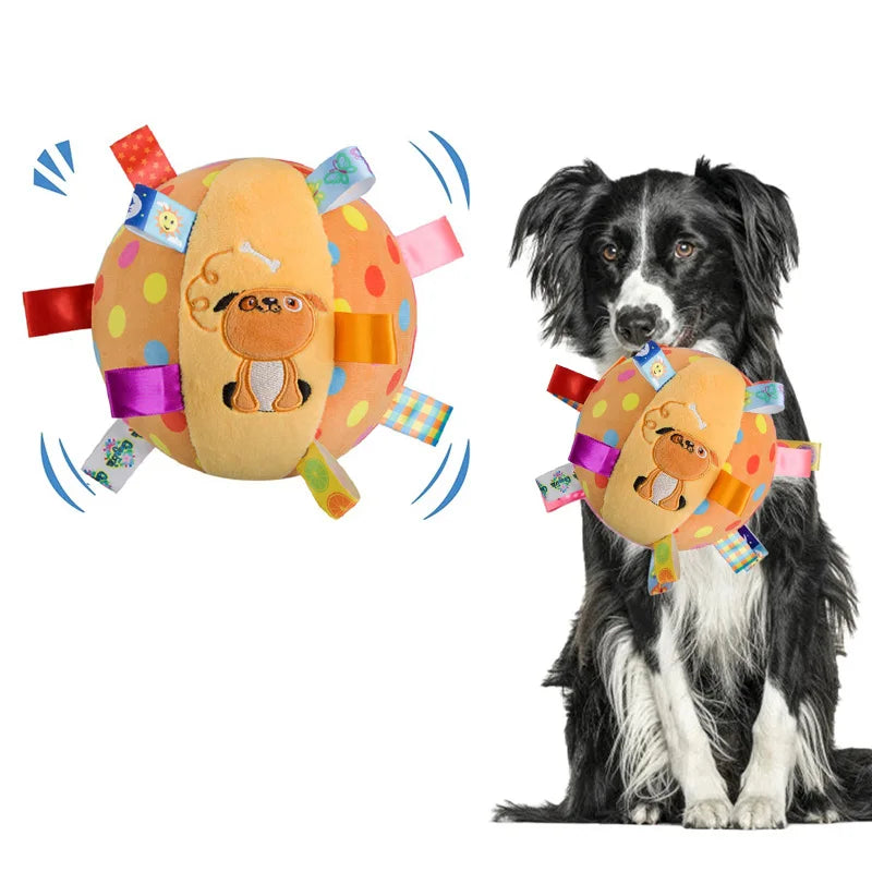FanzyMarket plush vocal pet toy ball with bells, interactive chew and tooth-cleaning toy for dogs, puppies, and cats, 6-inch size.
