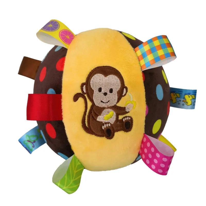 FanzyMarket plush vocal pet toy ball with bells, interactive chew and tooth-cleaning toy for dogs, puppies, and cats, 6-inch size.