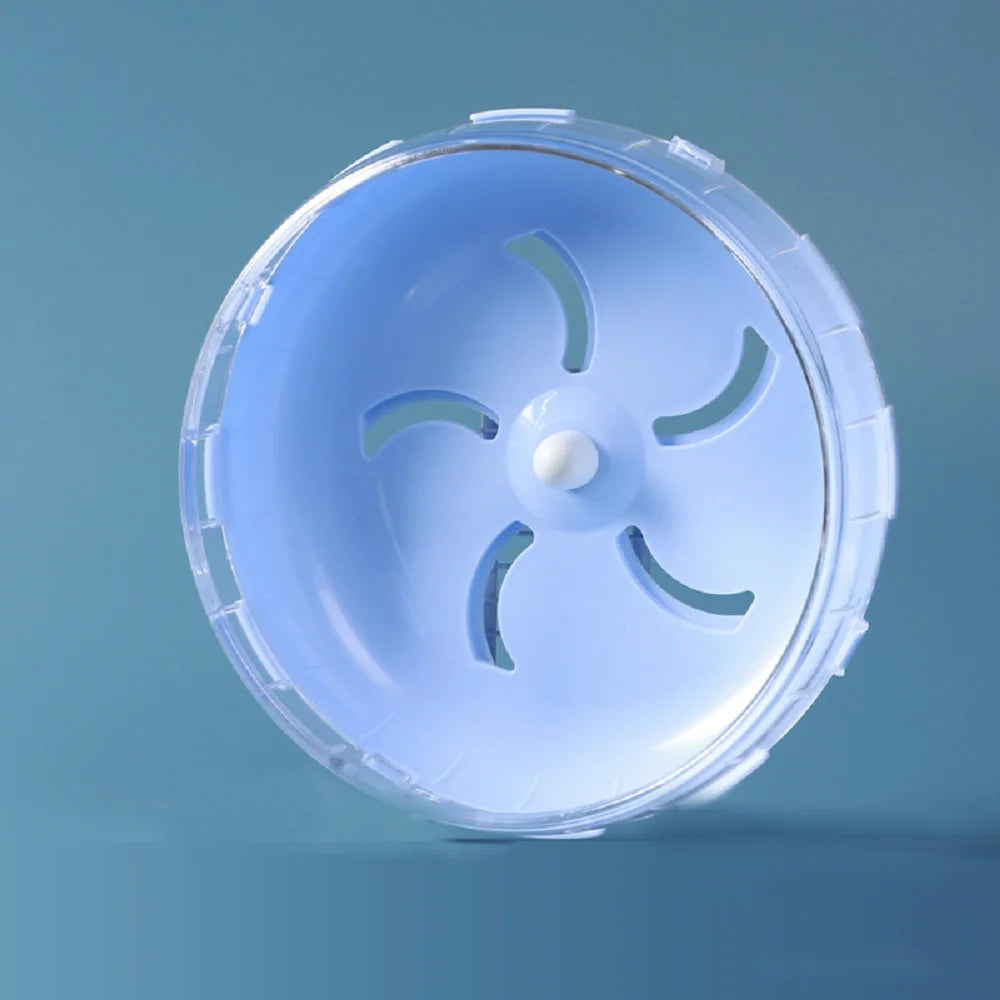 FanzyMarket silent hamster running wheel in blue, 14cm and 17.5cm sizes, designed for hamsters, gerbils, and mice exercise.