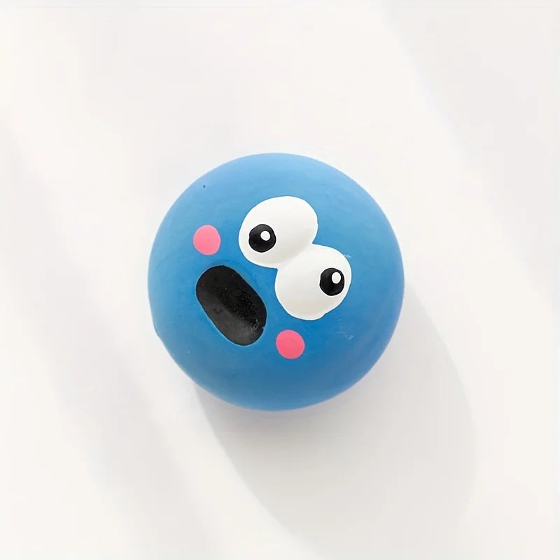 Blue cartoon big eye squeaky rubber dog ball, durable and interactive chew toy for dogs by FanzyMarket.