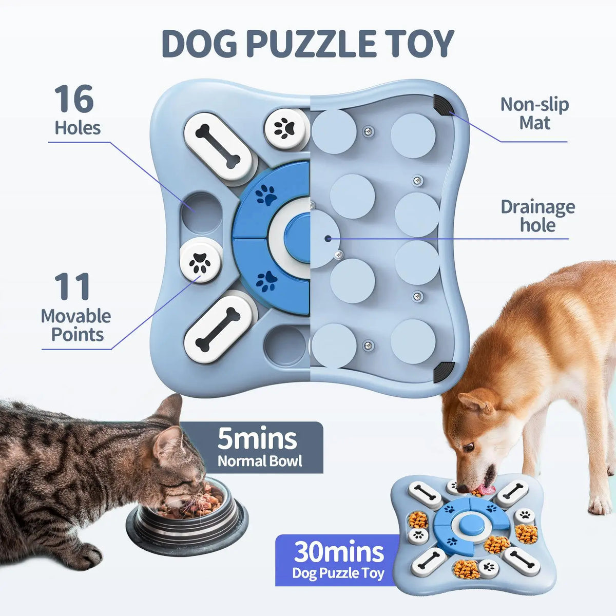 Blue FanzyMarket interactive dog squeak puzzle toy with treat dispenser, designed for memory training and slow feeding. Dishwasher safe.
