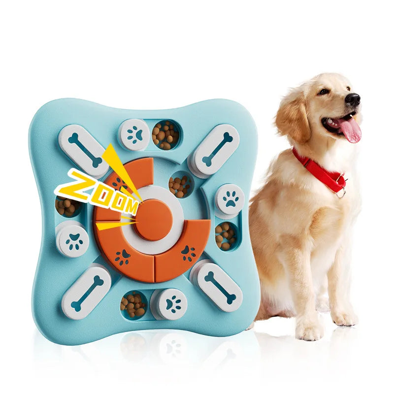 Blue interactive dog puzzle toy with treat dispenser, squeak, and slow feeder design made of dishwasher-safe plastic by FanzyMarket.