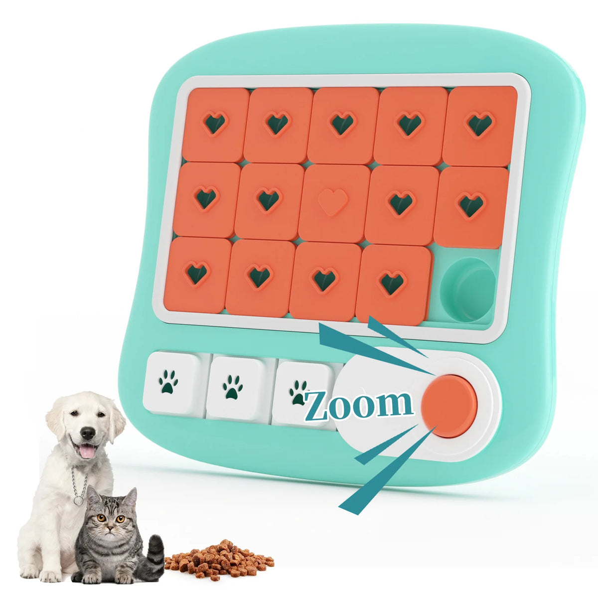Blue interactive dog puzzle toy with squeak and treat dispenser, dishwasher-safe plastic for memory training and slow feeding.