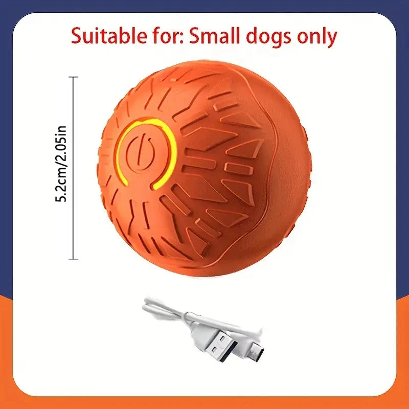FanzyMarket automatic interactive dog toy ball, USB rechargeable rolling bouncing chew toy for puppies and large dogs, sizes 5.2cm and 6.7cm.