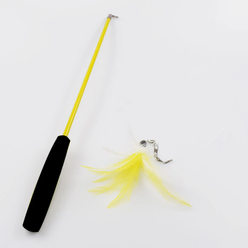 Blue telescopic cat teaser wand with 3 sections, 15-38 inches long, with 5 feather refills for interactive kitten play.