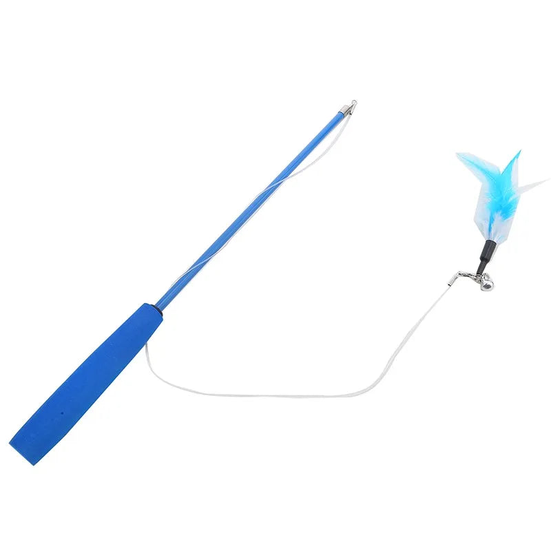 Blue telescopic cat teaser wand with 3 sections, 15-38 inches long, featuring 5 feather refills for interactive kitten play.