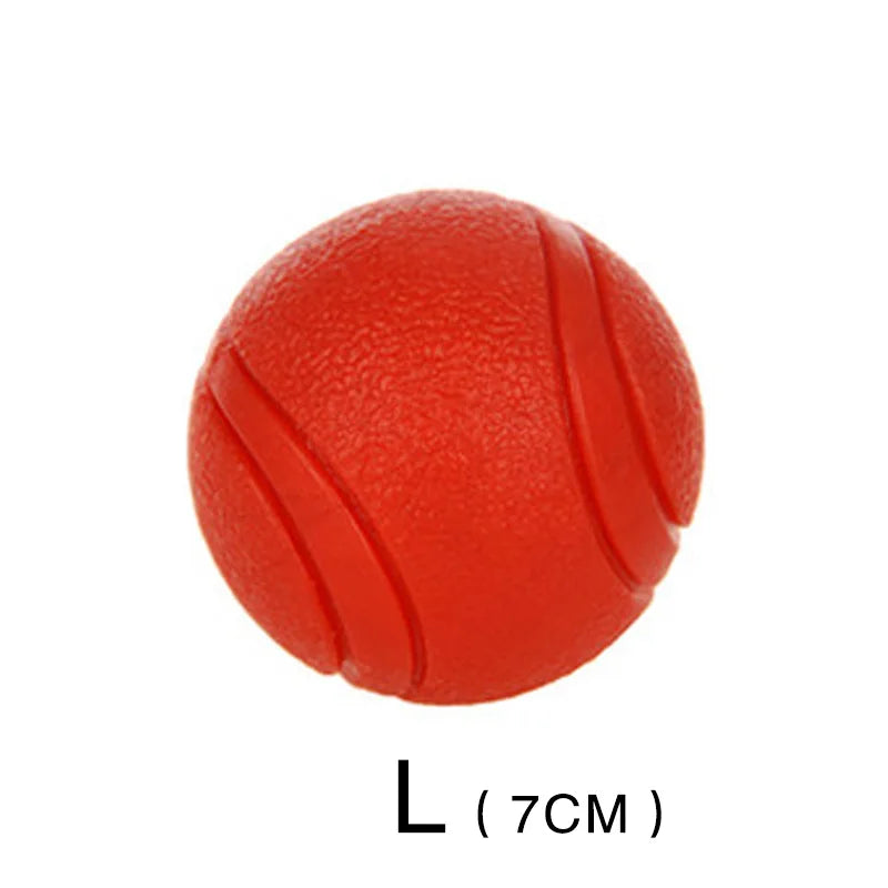 FanzyMarket bite-resistant rubber dog ball toy in red, suitable for dogs and puppies, sizes S to XL, perfect for fetch and chewing.