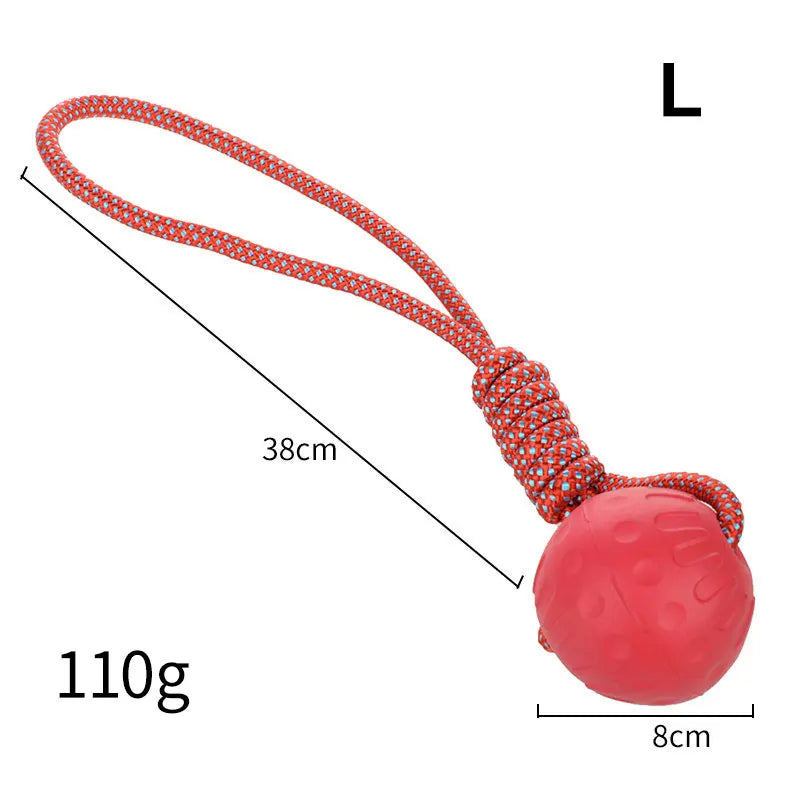 FanzyMarket bite-resistant rubber dog ball toy in red, suitable for puppies and dogs, sizes S to XL, durable chew-proof fetch toy.