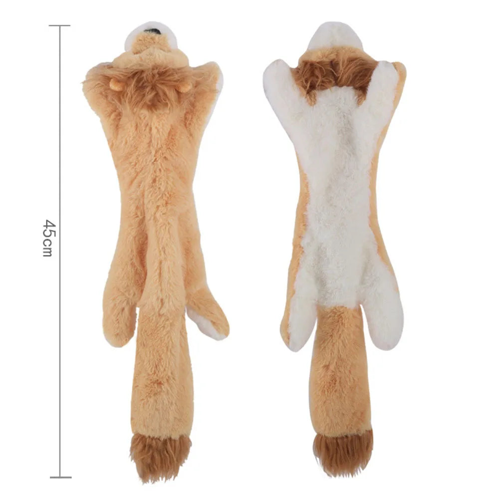FanzyMarket stuffing-free squeaky plush dog toy resembling a small animal, with crinkle sound and durable design for chewing and play.