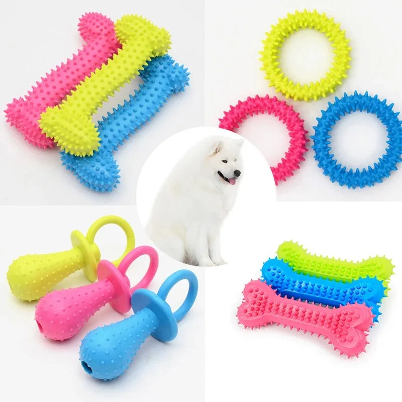 FanzyMarket bite-resistant rubber spiked dog chew toy for small dogs, with squeaker for teeth cleaning and training.