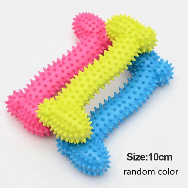 FanzyMarket bite-resistant rubber spiked dog chew toy for small dogs, with squeaker and teeth-cleaning design, in multiple colors.