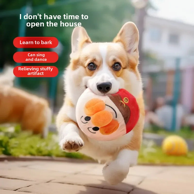 FanzyMarket USB rechargeable plush dog toy featuring a cartoon clown pig, electric jumping puzzle ball with music for pet entertainment.