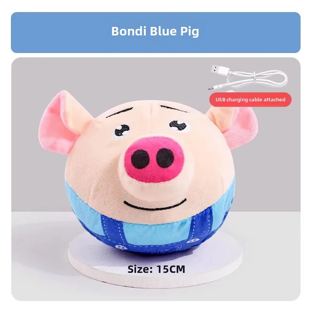 FanzyMarket USB rechargeable plush dog toy with cartoon clown pig design, featuring jumping puzzle, music, and interactive features.