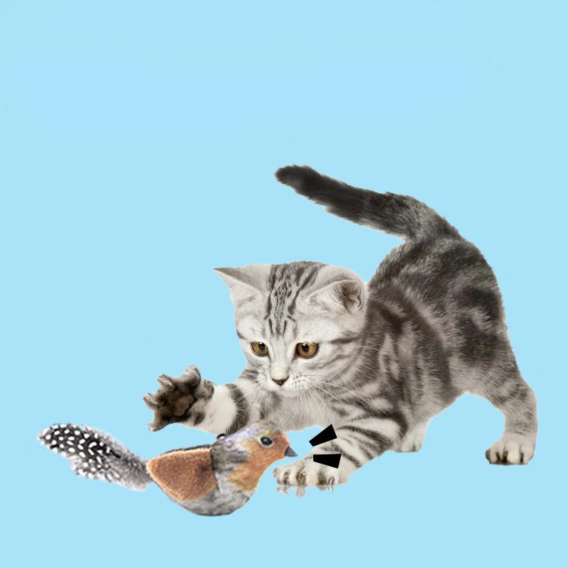 FanzyMarket plush bird cat toy with feather teaser and catnip simulation, designed for cats and kittens to play and chase.