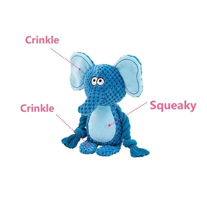 Indestructible plush squeaky dog chew toy by FanzyMarket with assorted animal designs, bite-resistant for small and medium dogs.