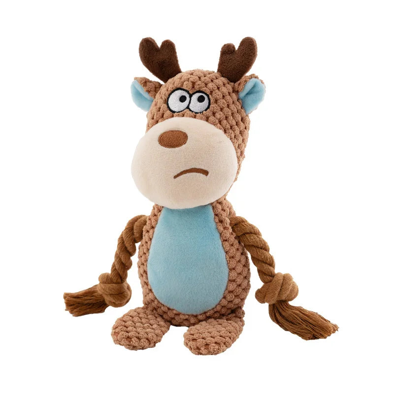 FanzyMarket indestructible plush squeaky dog chew toy with animal design, bite-resistant rattle for small and medium dogs.