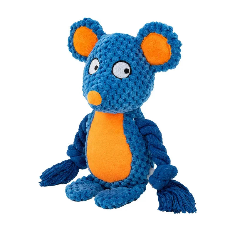 FanzyMarket indestructible plush squeaky dog chew toy with assorted animal designs, bite-resistant rattle for small and medium dogs.