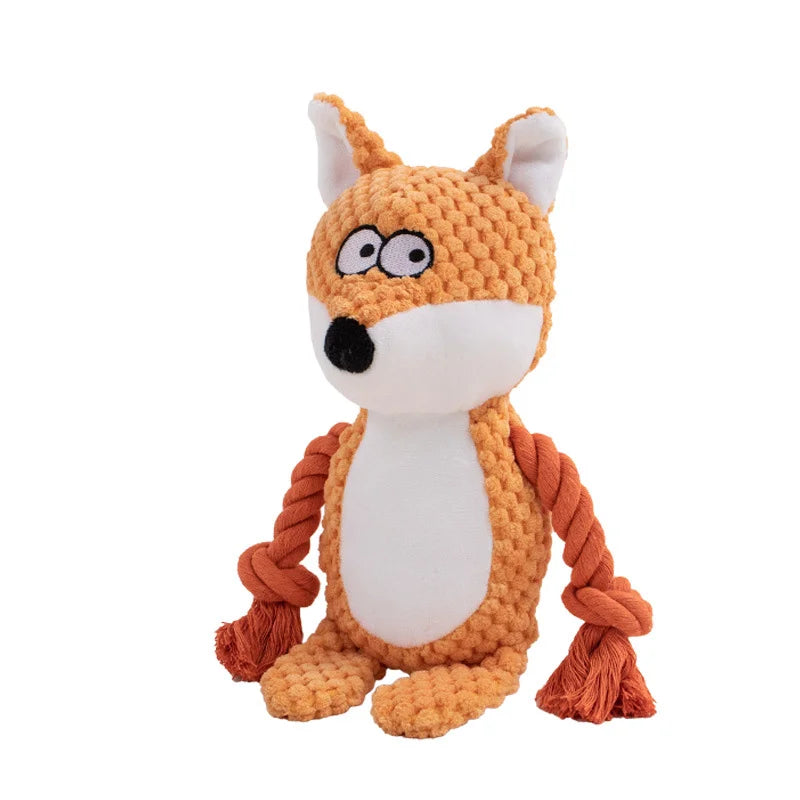FanzyMarket indestructible plush squeaky dog chew toy with assorted animal designs for small and medium dogs, bite-resistant and durable.