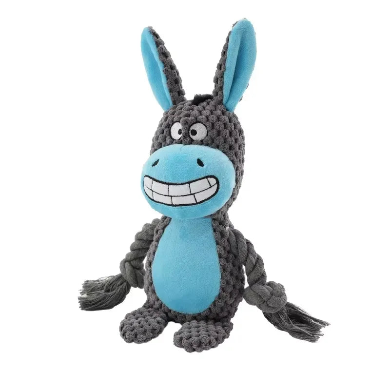 FanzyMarket indestructible plush squeaky dog chew toy with assorted animal designs, bite-resistant rattle for small and medium dogs.
