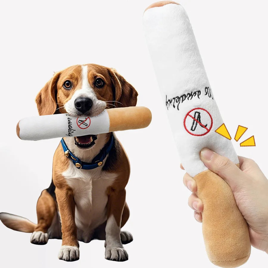 FanzyMarket plush cigar dog chew toy with squeaker, soft fake cigarette-shaped toy for dogs, fun and entertaining pet supplies.