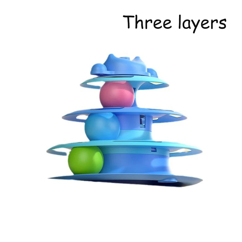 Dark blue FanzyMarket interactive cat toy tower with turntable track, rolling balls, and feather teaser for kitten play and training.