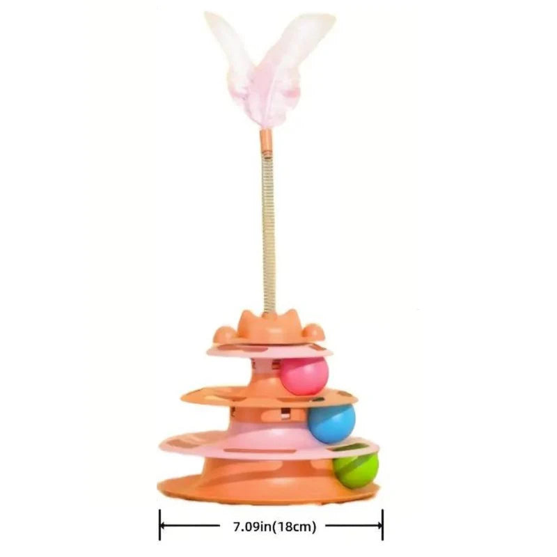 Dark blue FanzyMarket interactive cat toy tower with turntable track, rolling balls, and feather teaser for kitten entertainment.