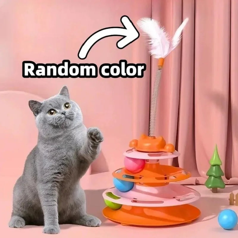 Dark blue FanzyMarket interactive cat toy tower with turntable track, rolling balls, and feather teaser for kitten entertainment.