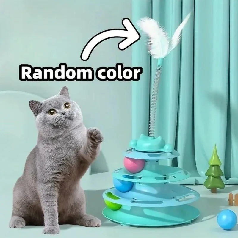 Dark blue FanzyMarket interactive cat toy tower with turntable track, rolling balls, and feather teaser for kitten play and training.