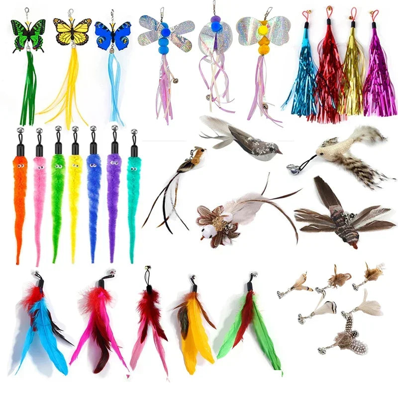 FanzyMarket interactive cat feather toy refill kit with feather birds, faux worm, foam ball, and bell for kittens.