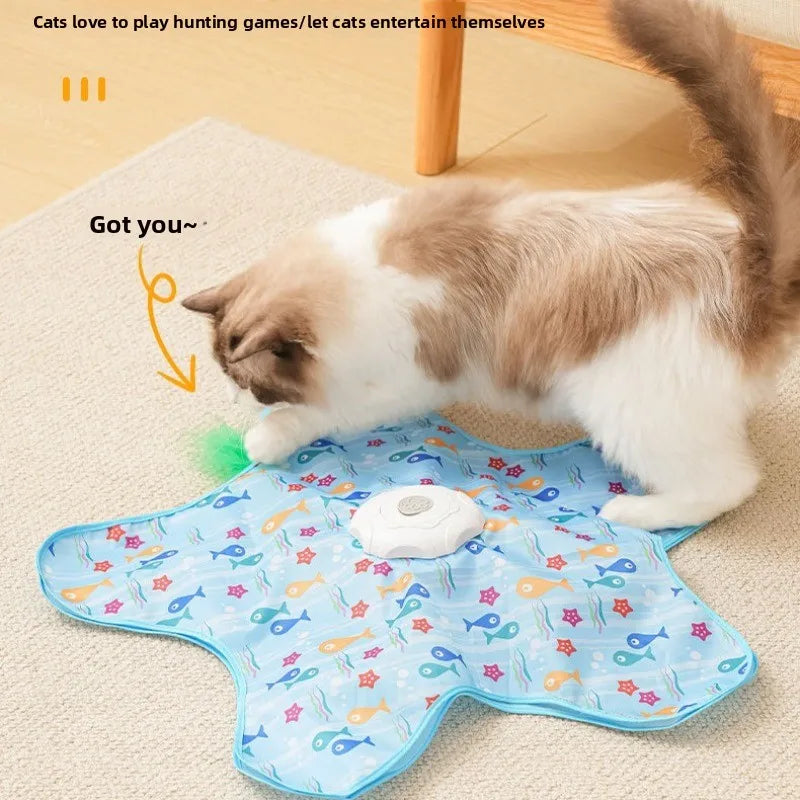 FanzyMarket automatic USB rechargeable interactive cat toy with hidden feather wand and electronic chase mat for playful cats.