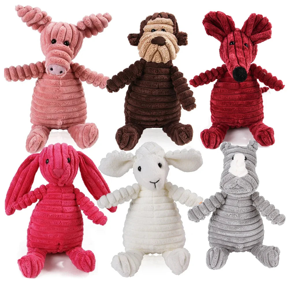 FanzyMarket dog chew toy with corduroy plush, squeaky, molar cleaner, featuring monkey and pig designs for large dogs.