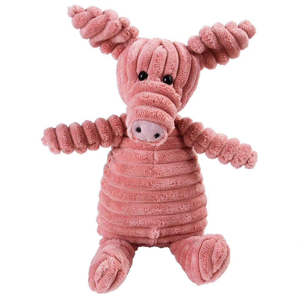 FanzyMarket dog chew toy with corduroy plush material, squeaky, shaped like a monkey and pig, designed for large dogs' training and dental care.