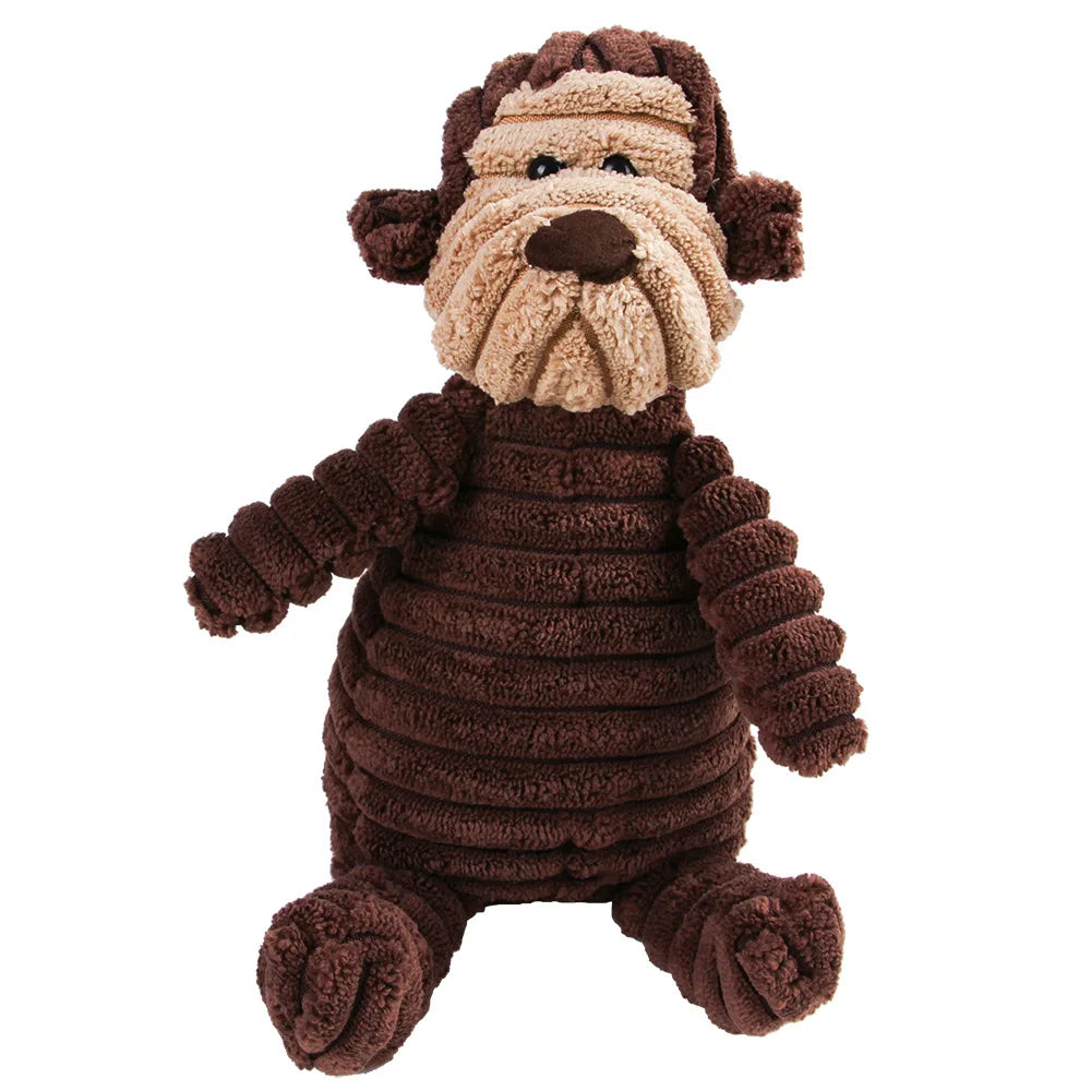 FanzyMarket dog chew toy with corduroy plush, squeaky, molar cleaner, featuring monkey and pig designs for large dogs.