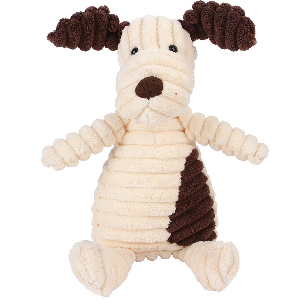 FanzyMarket dog chew toy with plush corduroy material, squeaky large dog toy featuring monkey and pig designs for training and teeth cleaning.