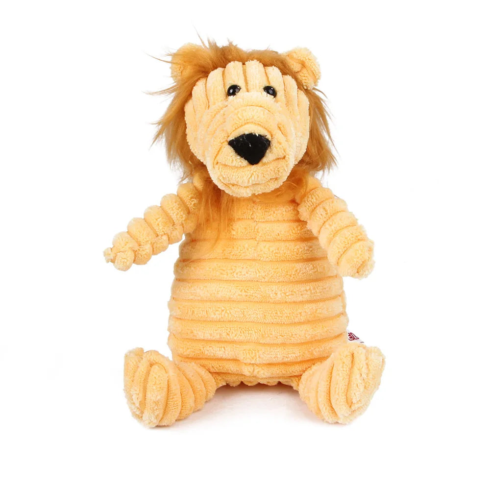 FanzyMarket dog chew toy with corduroy plush, squeaky, molar cleaning design, featuring monkey and pig images for large dogs.